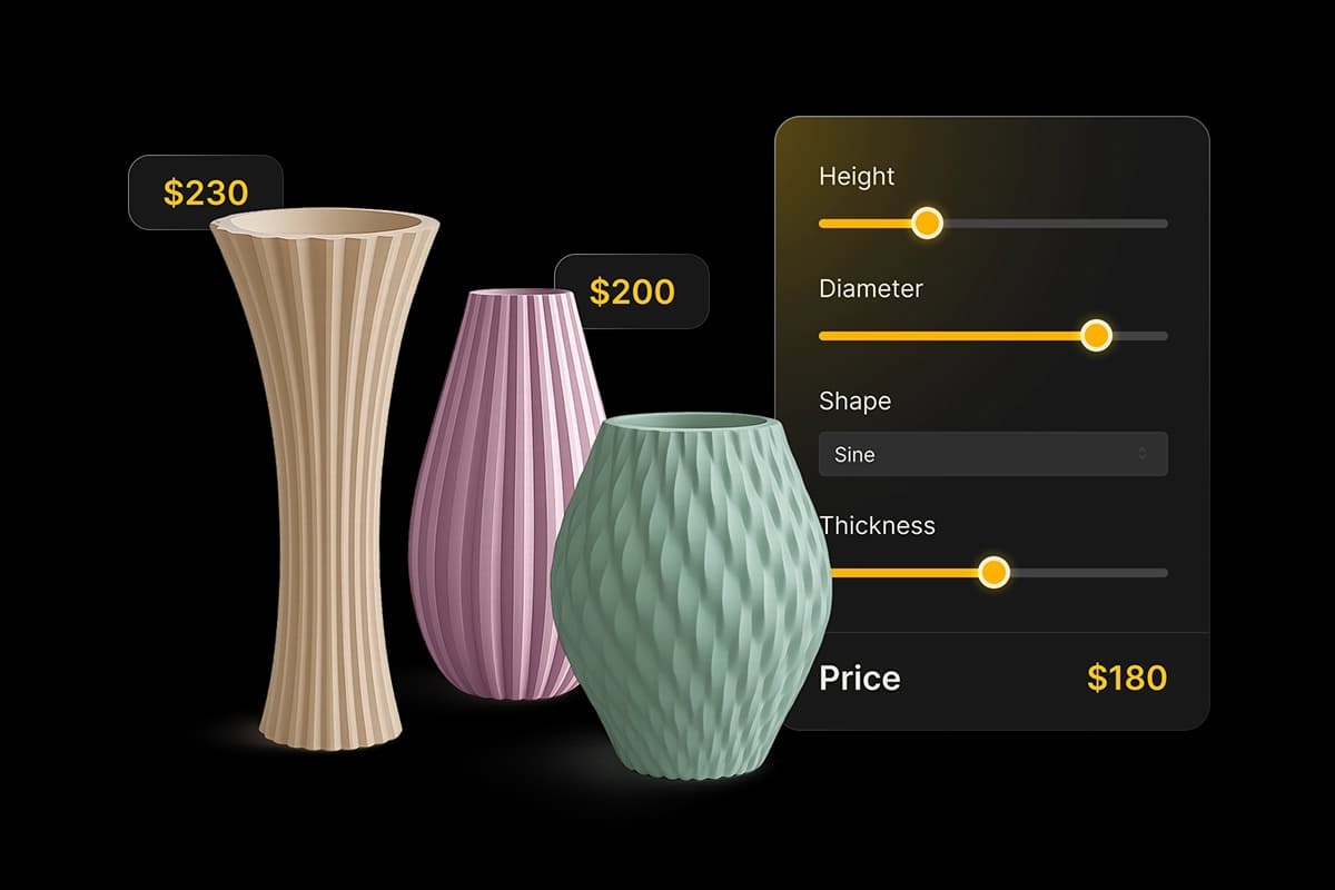 Interactive 3D configurator showing real-time product customization with dynamic controls