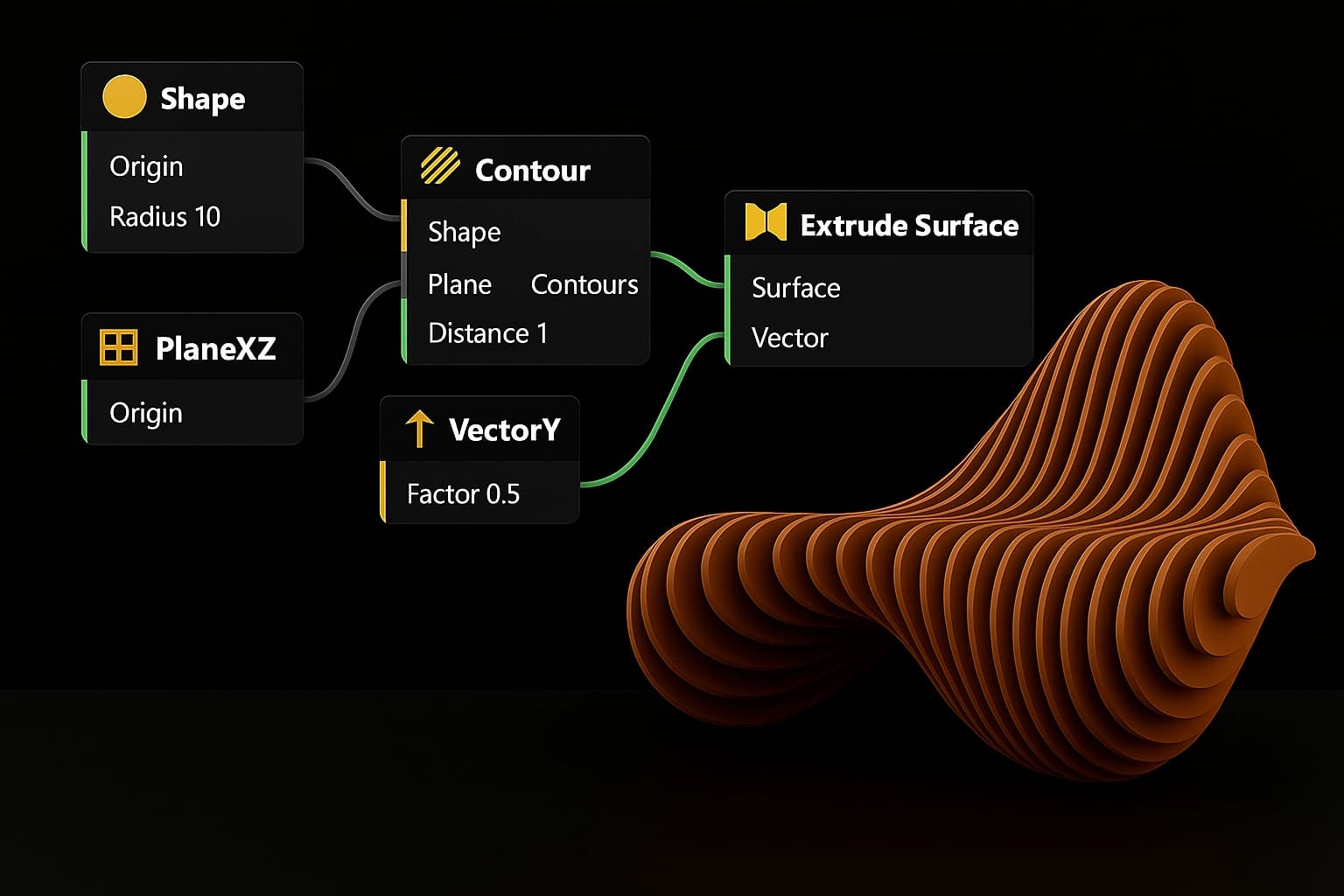 Visual programming editor with node-based interface showing parametric design workflow