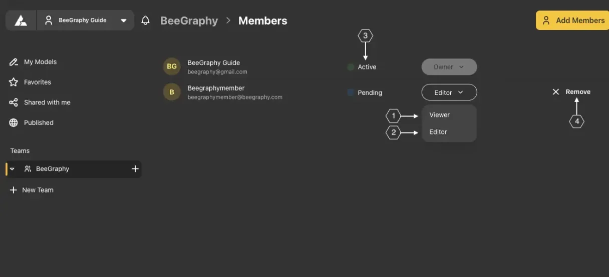 The team members list