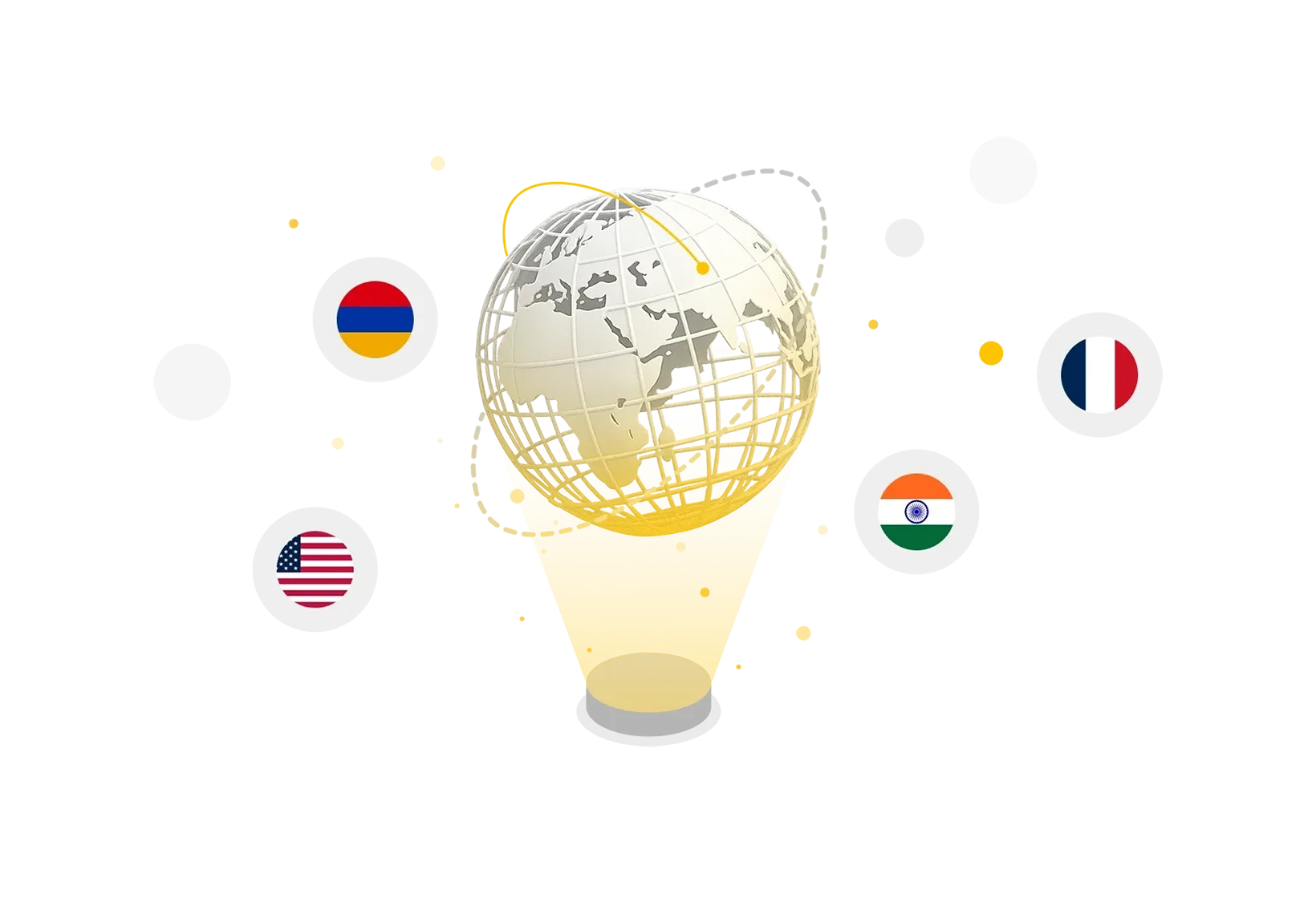 Globe with flags of the United States, Armenia, India and France showing BeeGraphy's global presence