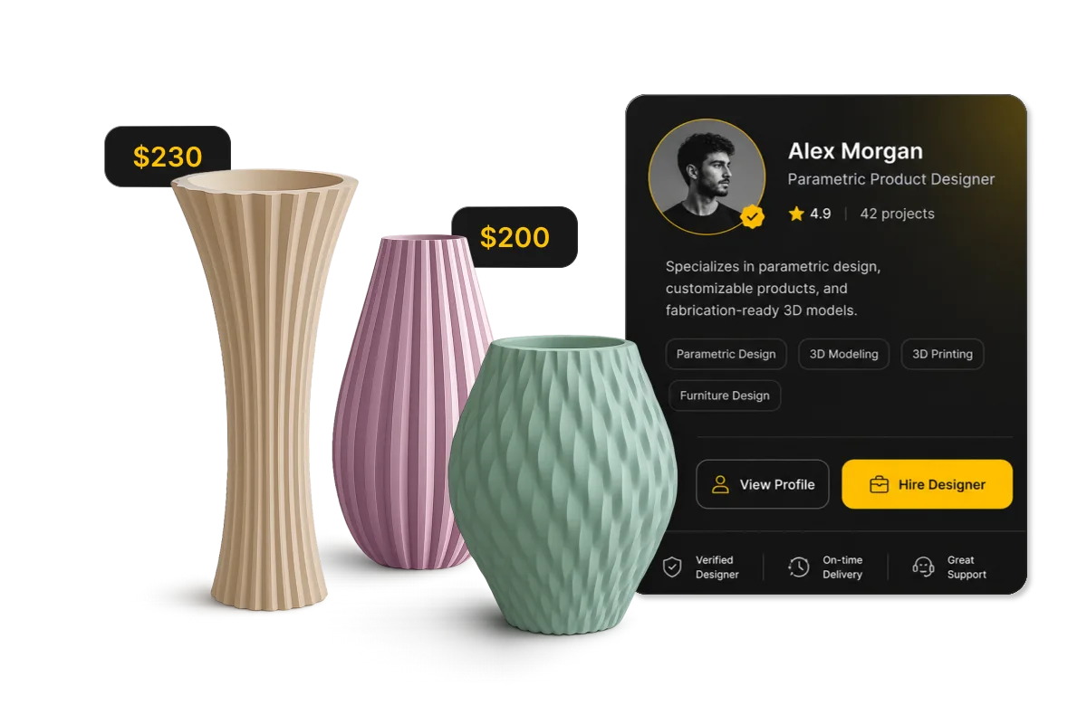 Parametric vases with configurable options and live pricing, built by Marketplace authors
